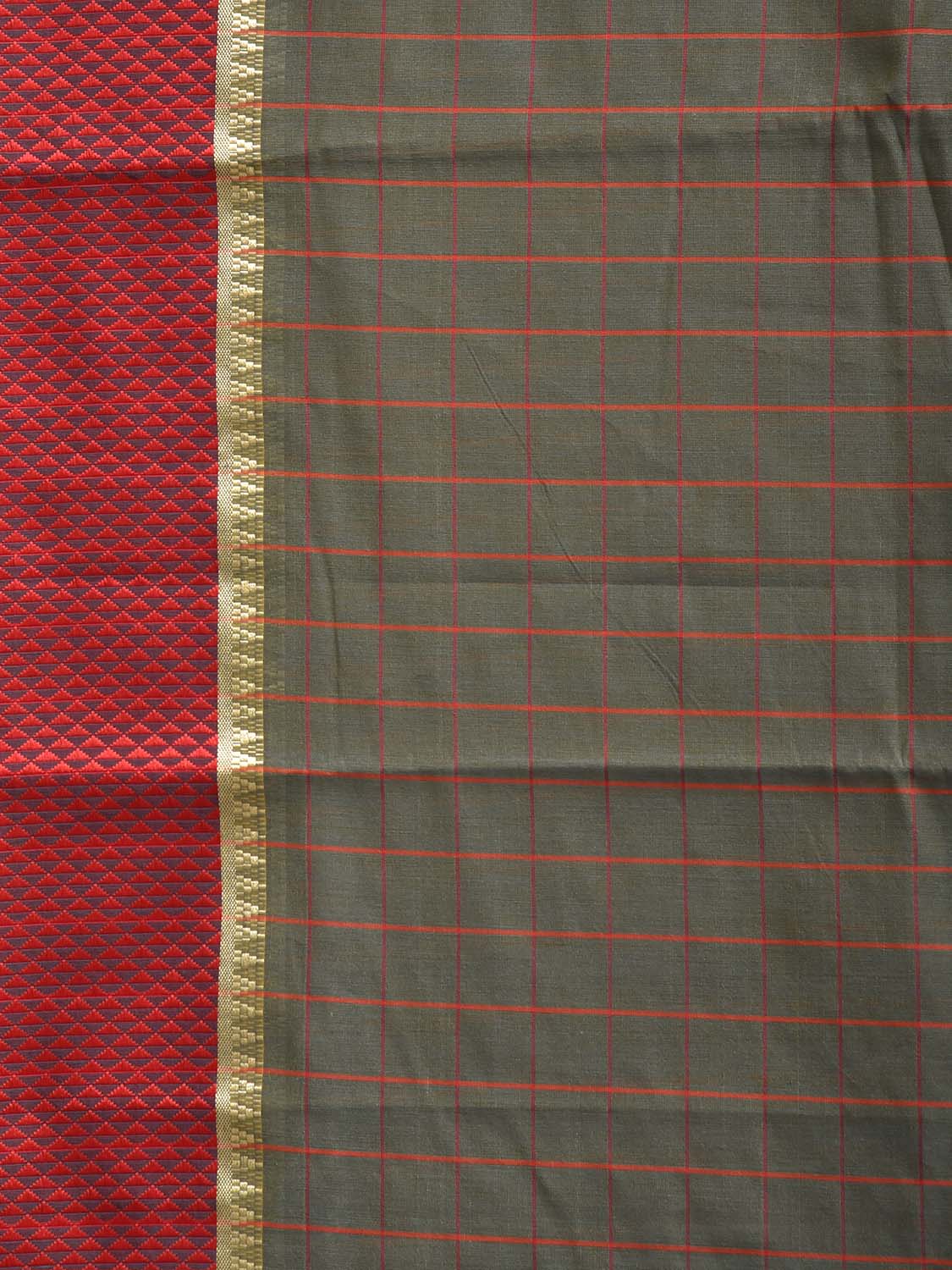 Olive and Red Bamboo Cotton Saree with Big Checks Design No Blouse bc1037