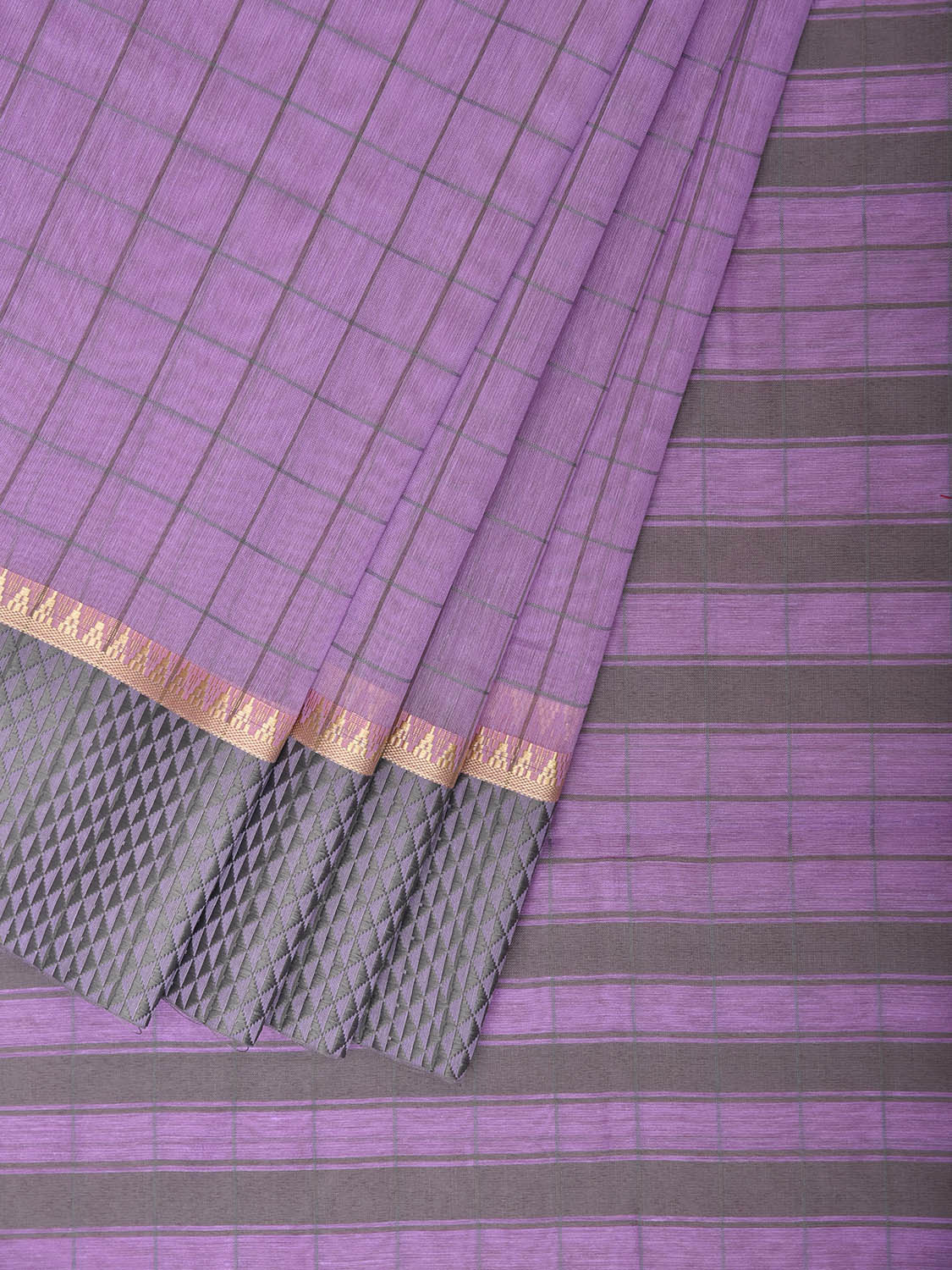 Lavender and Grey Bamboo Cotton Saree with Big Checks Design No Blouse bc1038