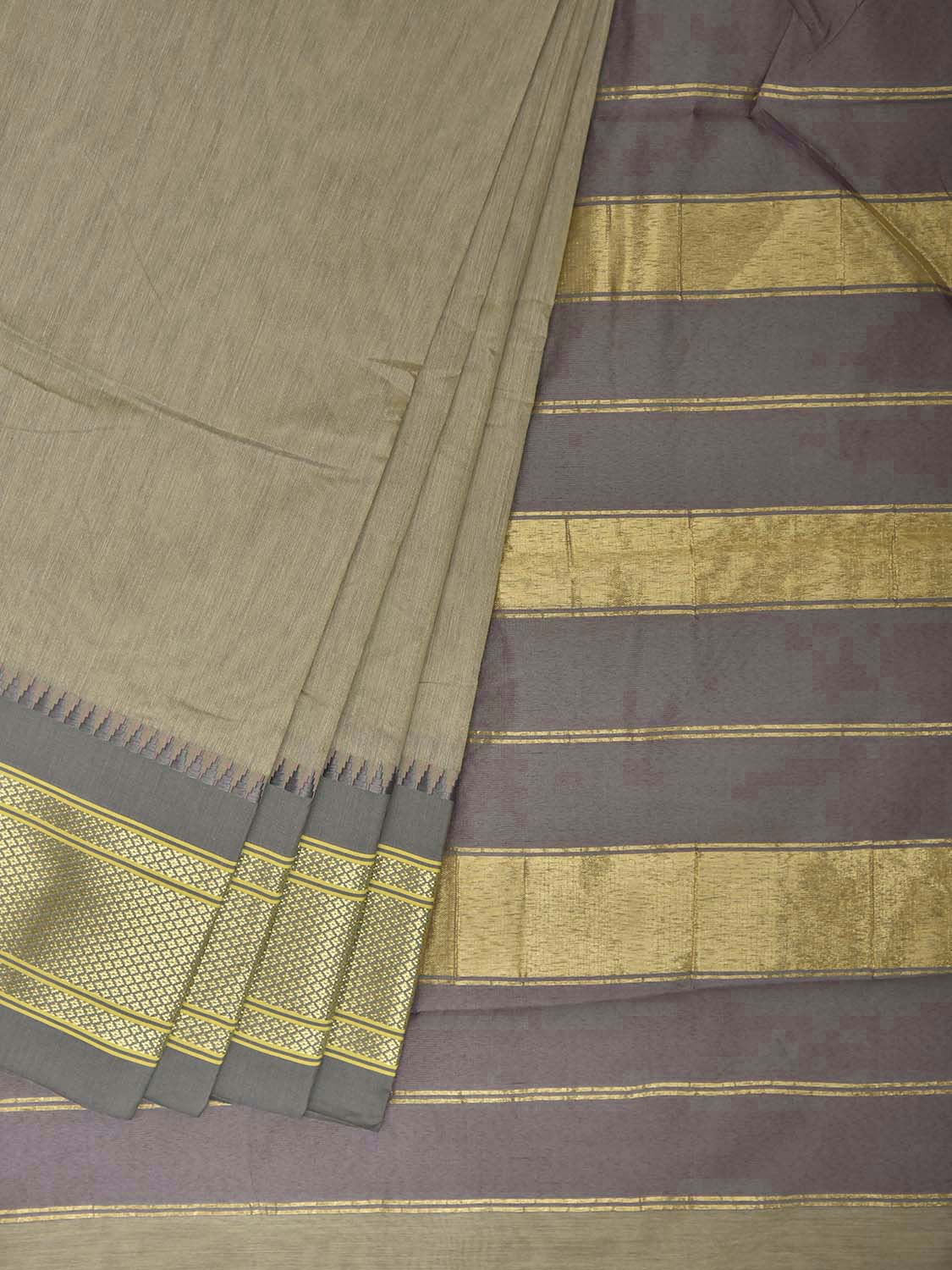 Light Olive and Grey Bamboo Cotton Plain Saree with Contrast Pallu Design No Blouse bc1043