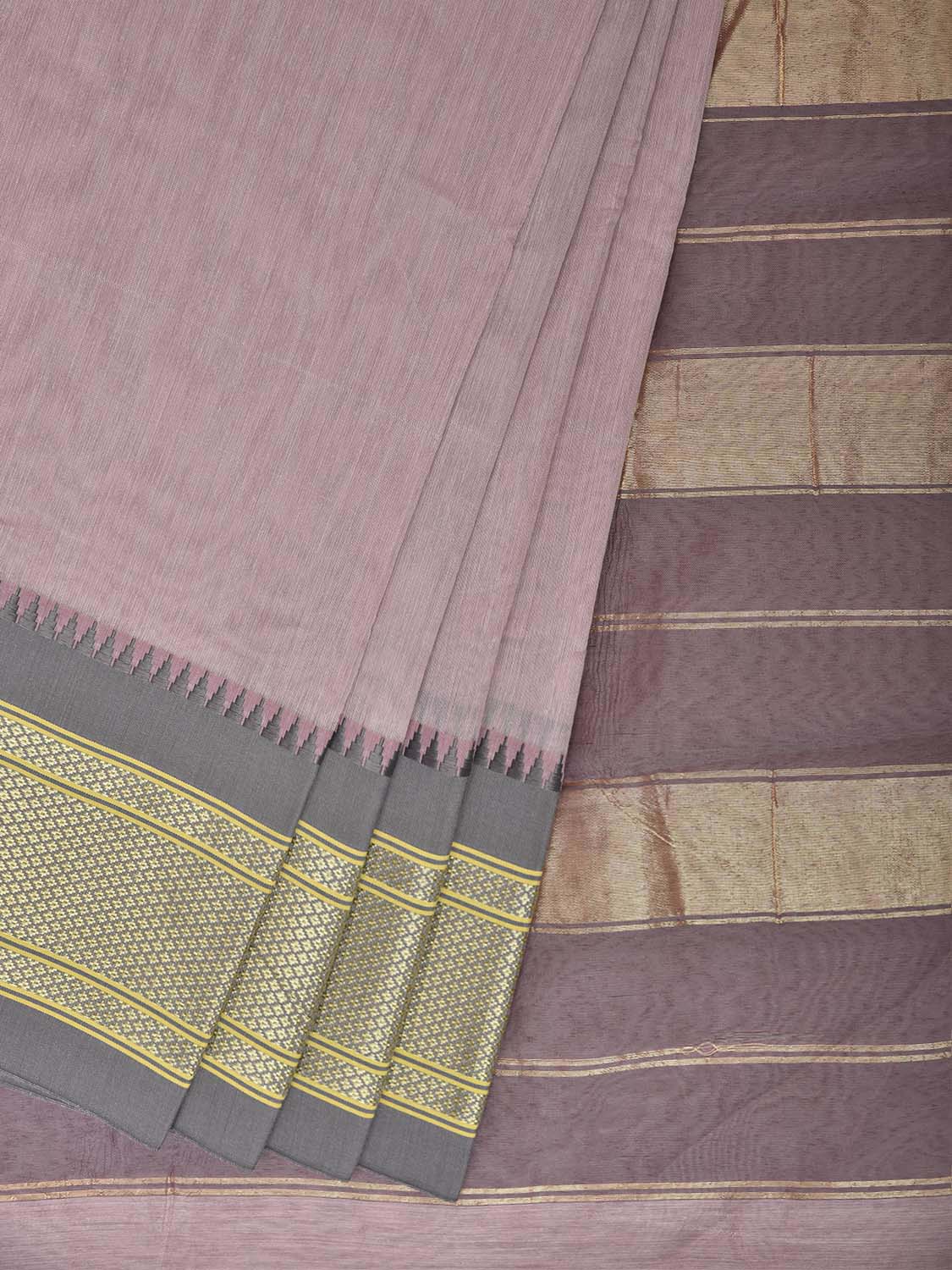 Light Pink and Grey Bamboo Cotton Plain Saree with Contrast Pallu Design No Blouse bc1044