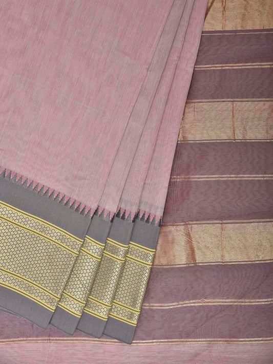 Light Pink and Grey Bamboo Cotton Plain Saree with Contrast Pallu Design No Blouse bc1044