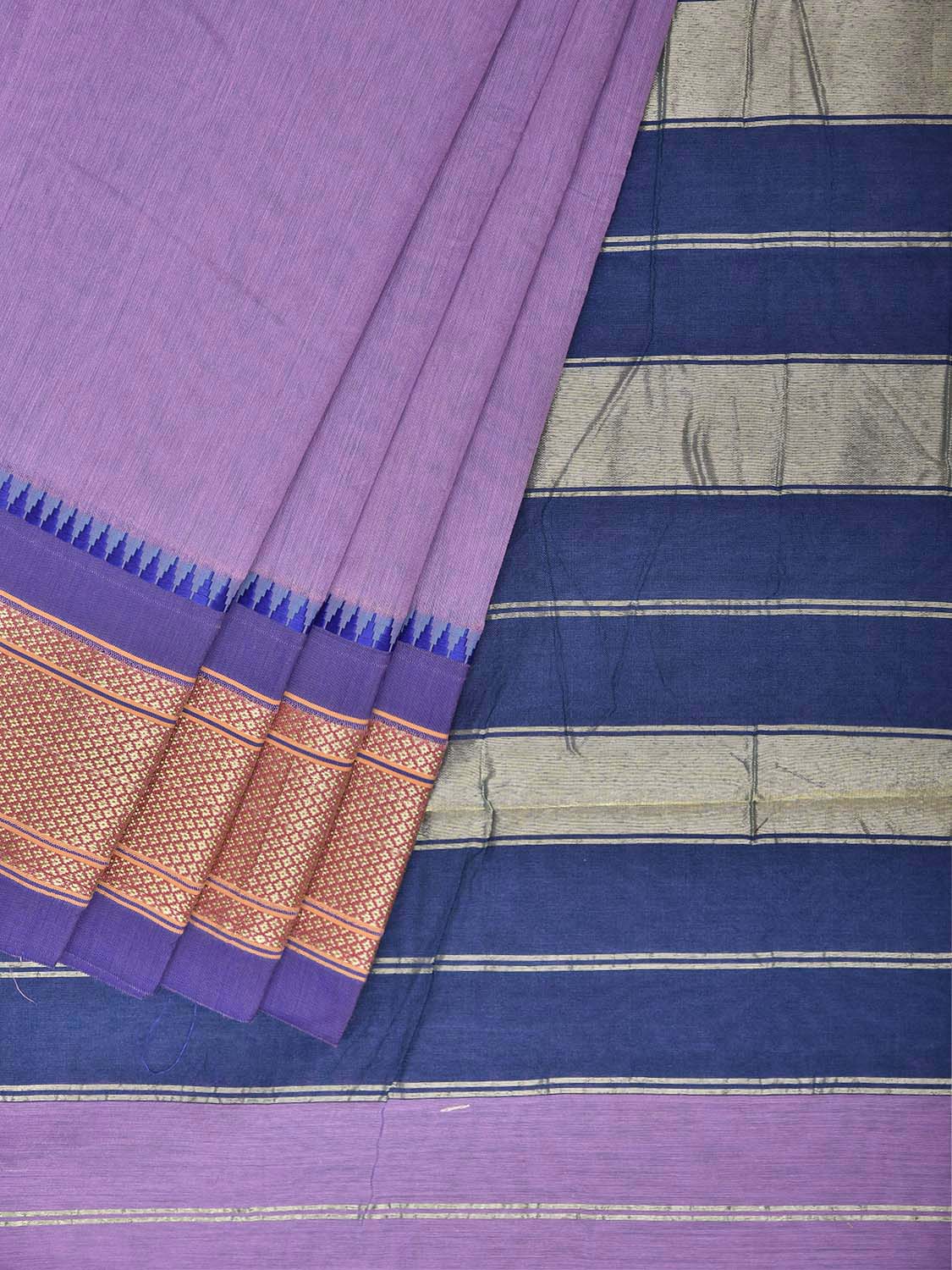 Lavender and Blue Bamboo Cotton Plain Saree with Contrast Pallu Design No Blouse bc1045