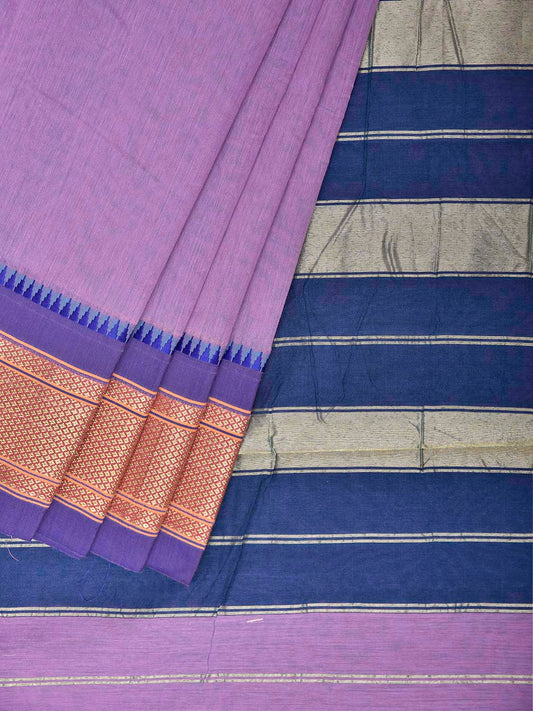 Lavender and Blue Bamboo Cotton Plain Saree with Contrast Pallu Design No Blouse bc1045