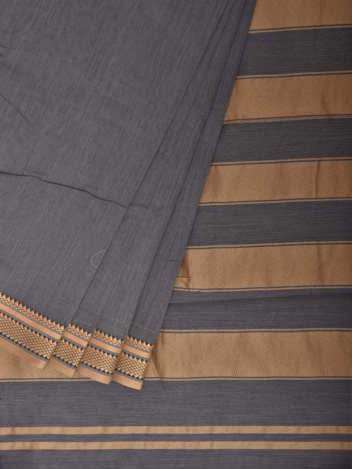 Grey and Mustard Bamboo Cotton Plain Saree with Strips Pallu Design No Blouse bc1046