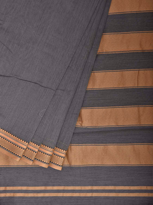 Grey and Mustard Bamboo Cotton Plain Saree with Strips Pallu Design No Blouse bc1046