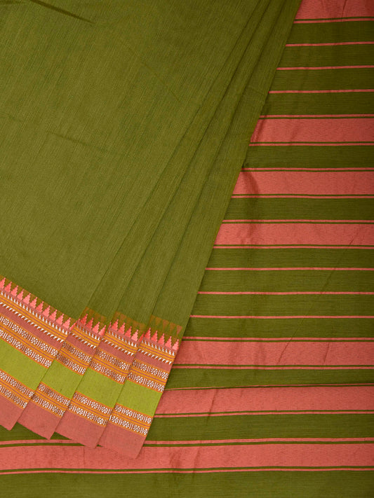 Green and Peach Bamboo Cotton Plain Saree with Strips Pallu Desing No Blouse bc1048