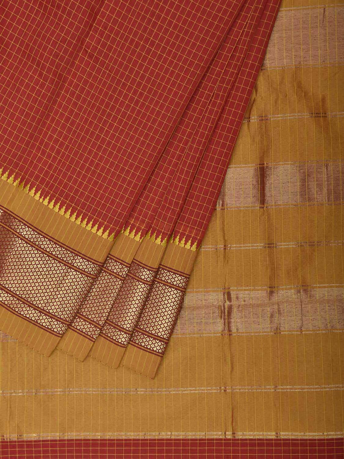 Red and Mustard Bamboo Cotton Saree with Checks Design No Blouse bc1049