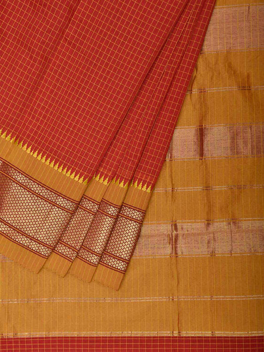Red and Mustard Bamboo Cotton Saree with Checks Design No Blouse bc1049