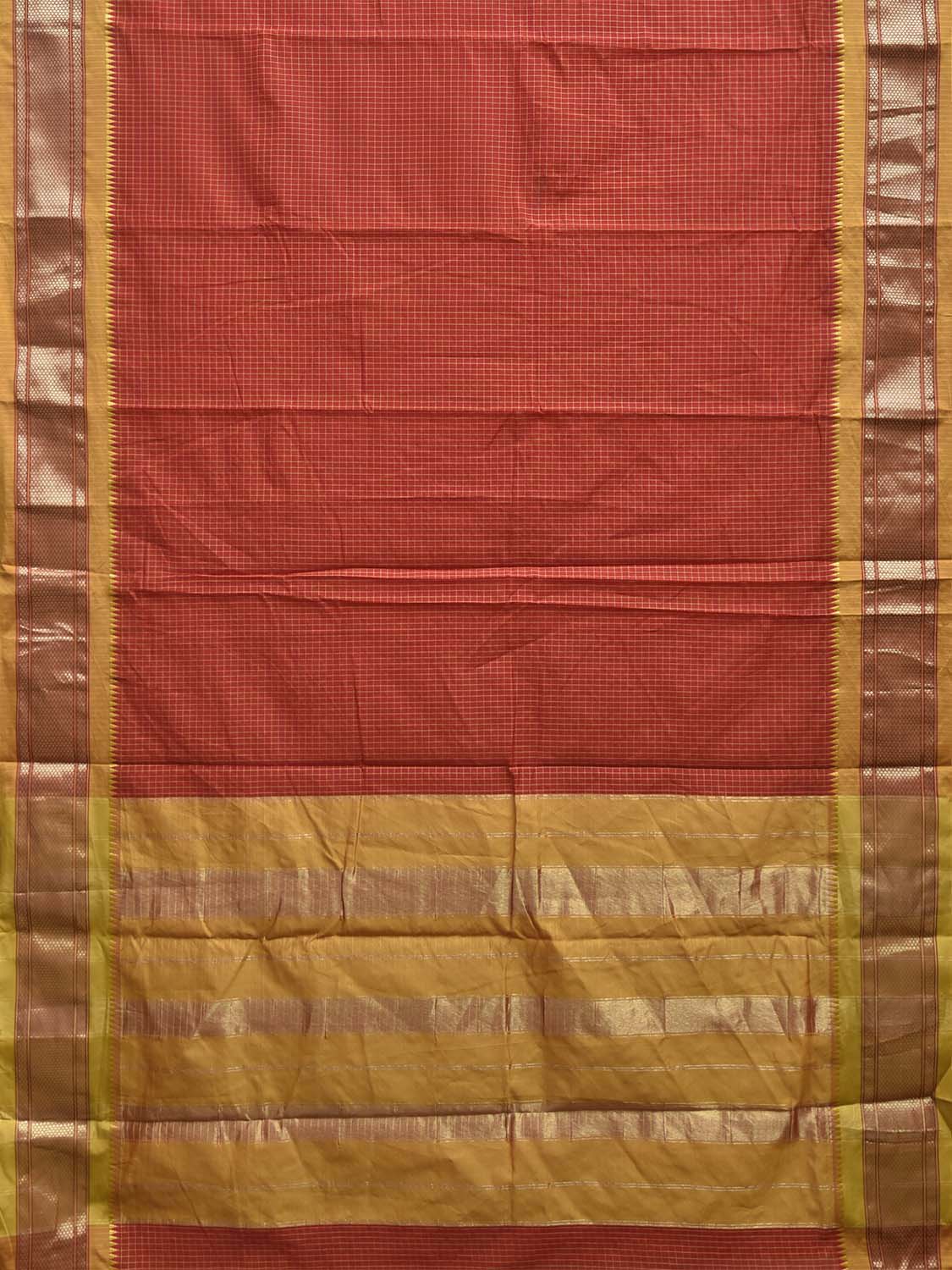 Red and Mustard Bamboo Cotton Saree with Checks Design No Blouse bc1049