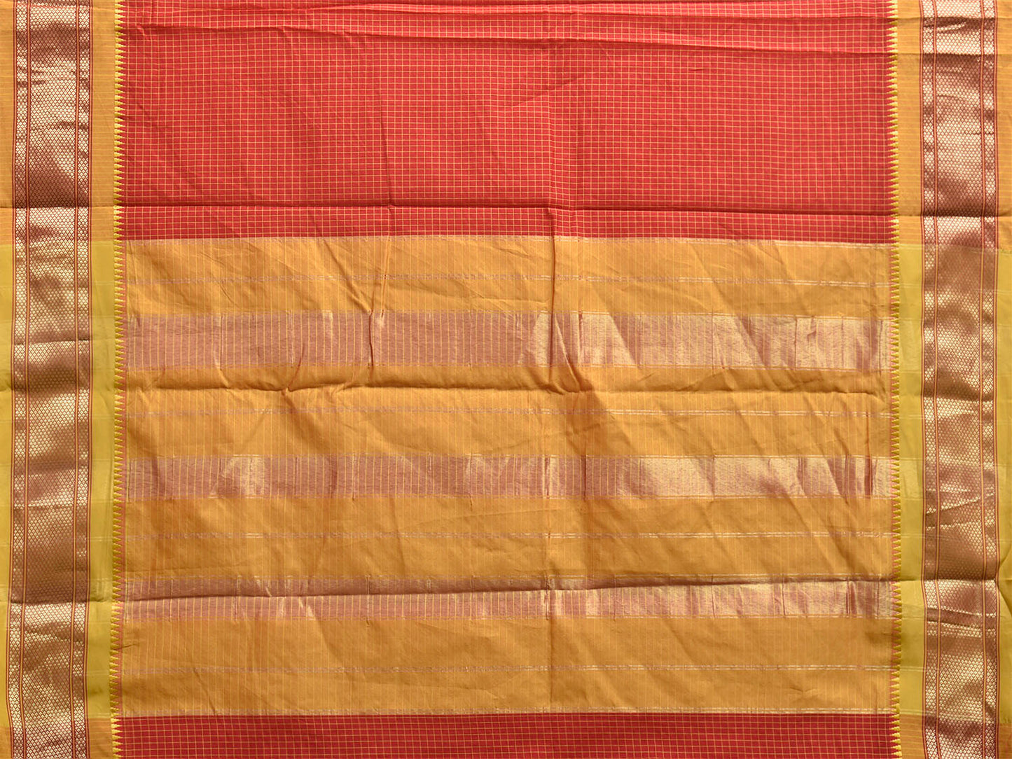 Red and Mustard Bamboo Cotton Saree with Checks Design No Blouse bc1049