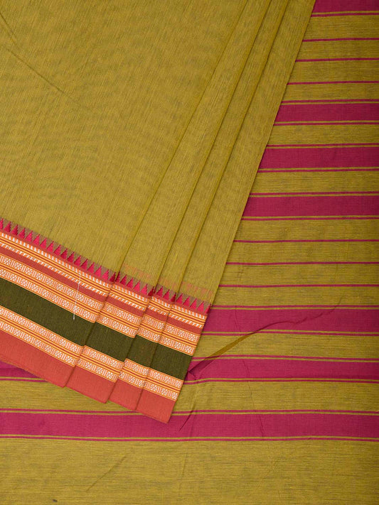 Light Green and Pink Bamboo Cotton Plain Saree with Strips Pallu Design No Blouse bc1050