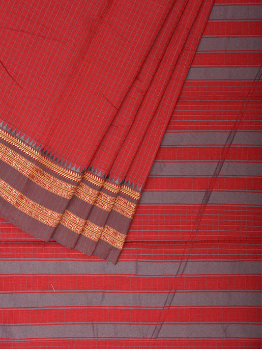 Red and Grey Bamboo Cotton Saree with Checks Design No Blouse bc1051
