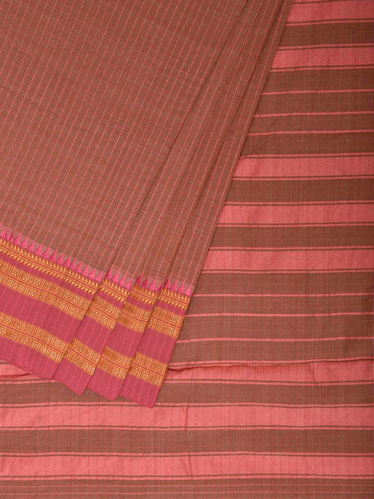 Fawn and Pink Bamboo Cotton Saree with Checks Design No Blouse bc1052