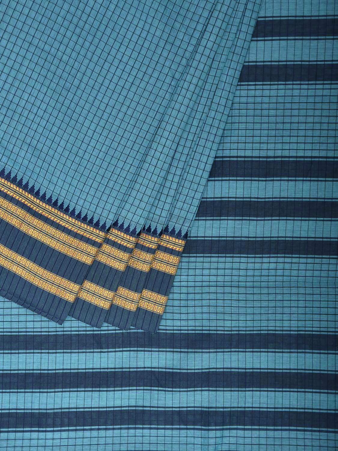 Blue and Dark Blue Bamboo Cotton Saree with Checks Design No Blouse bc1053