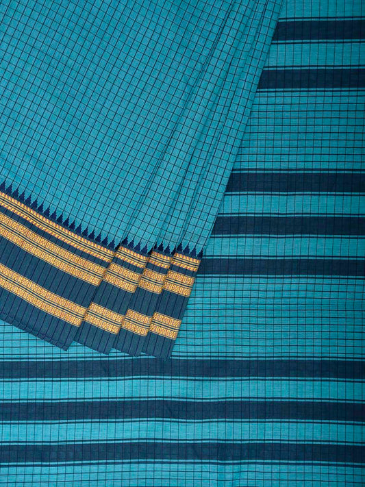 Blue and Dark Blue Bamboo Cotton Saree with Checks Design No Blouse bc1053
