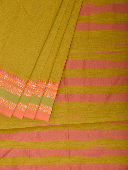 Olive and Peach Bamboo Cotton Saree with Checks Design No Blouse bc1055