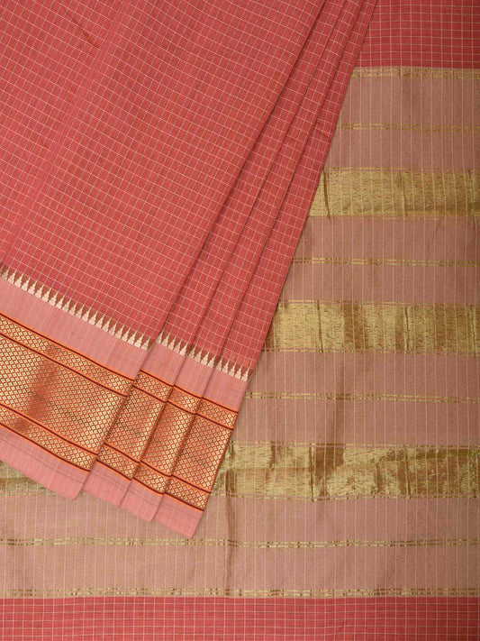 Light Burgundy and Peach Bamboo Cotton Saree with Checks Design No Blouse bc1056