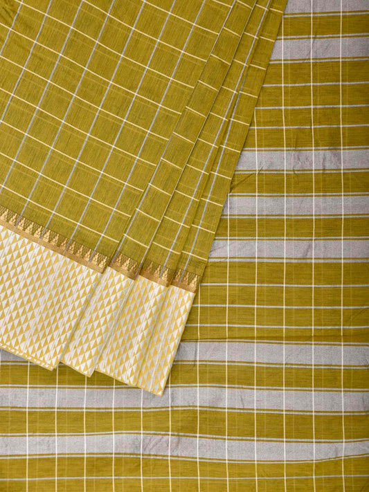 Olive and White Bamboo Cotton Saree with Big Checks Design No Blouse bc1057
