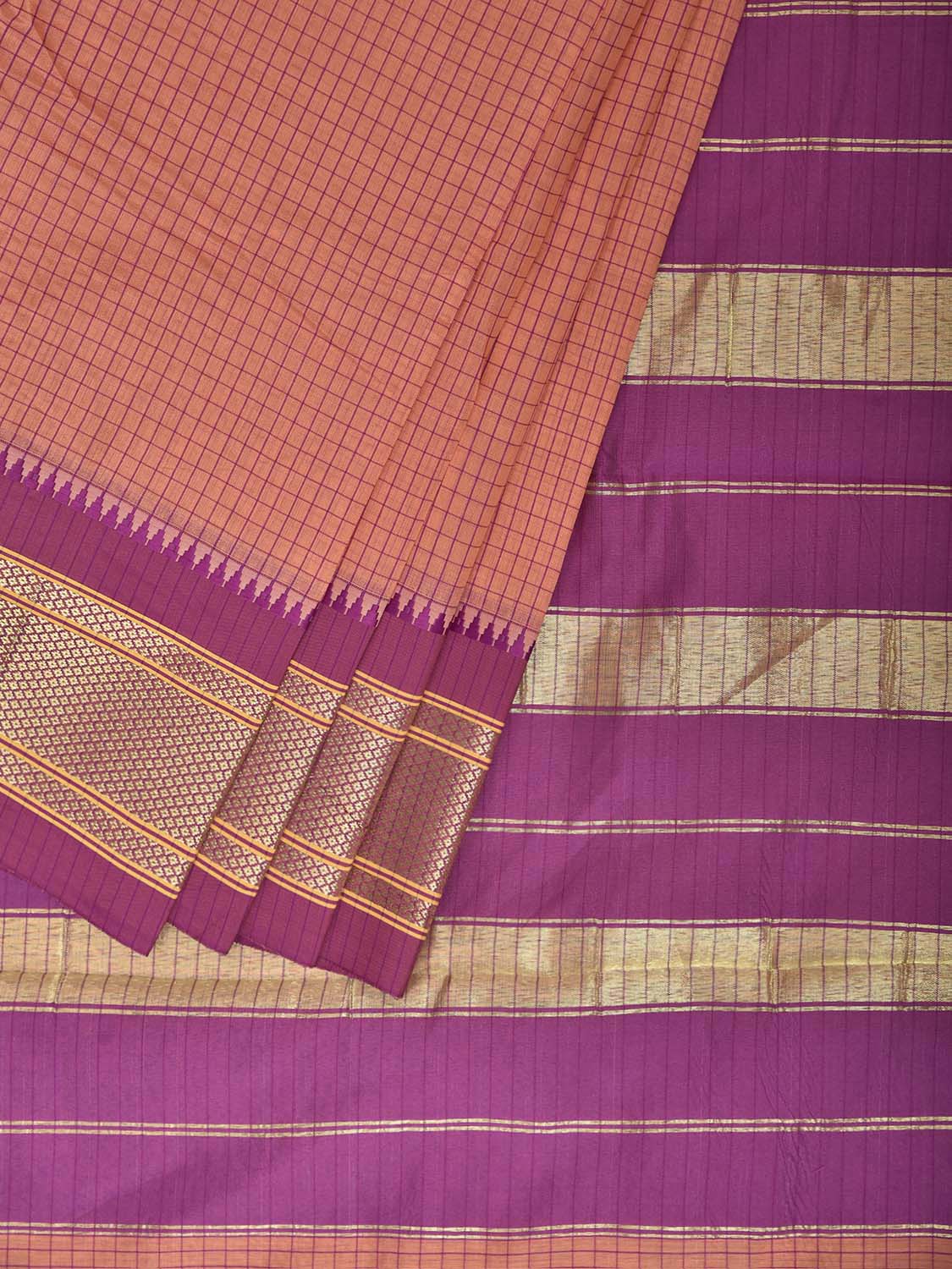 Peach and Pink Bamboo Cotton Saree with Checks Design No Blouse bc1058