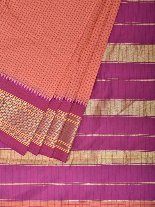Peach and Pink Bamboo Cotton Saree with Checks Design No Blouse bc1058