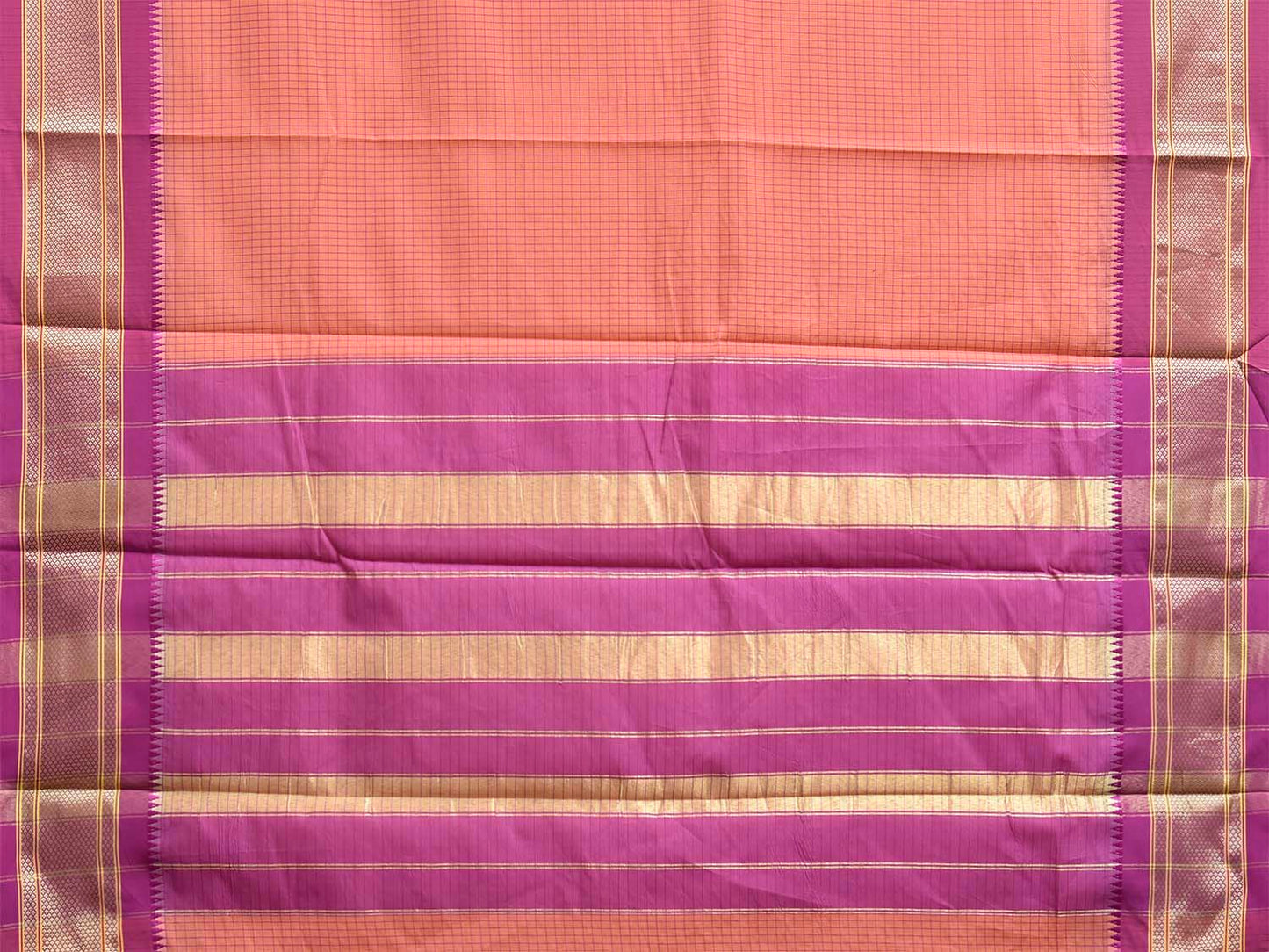 Peach and Pink Bamboo Cotton Saree with Checks Design No Blouse bc1058