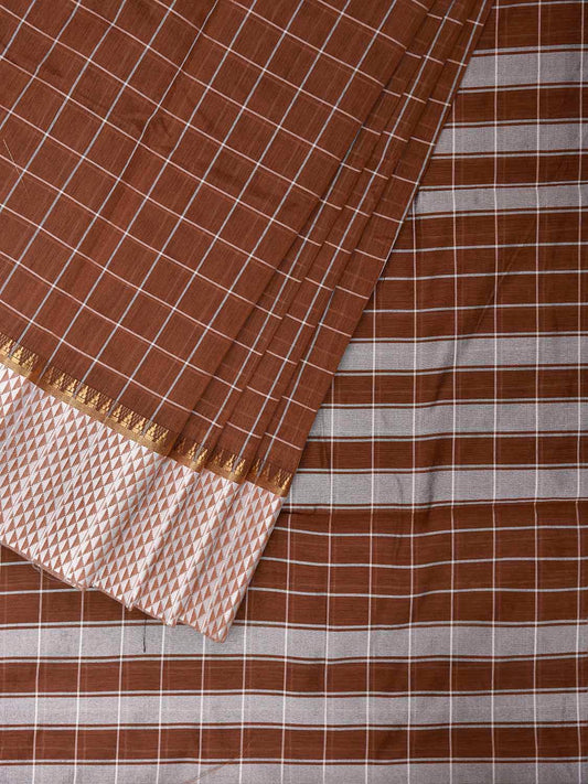 Light Brown and White Bamboo Cotton Saree with Big Checks Design No Blouse bc1060
