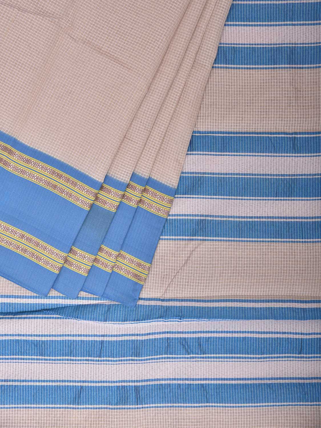 Cream and Blue Bamboo Cotton Saree with Small Checks Design No Blouse bc1061