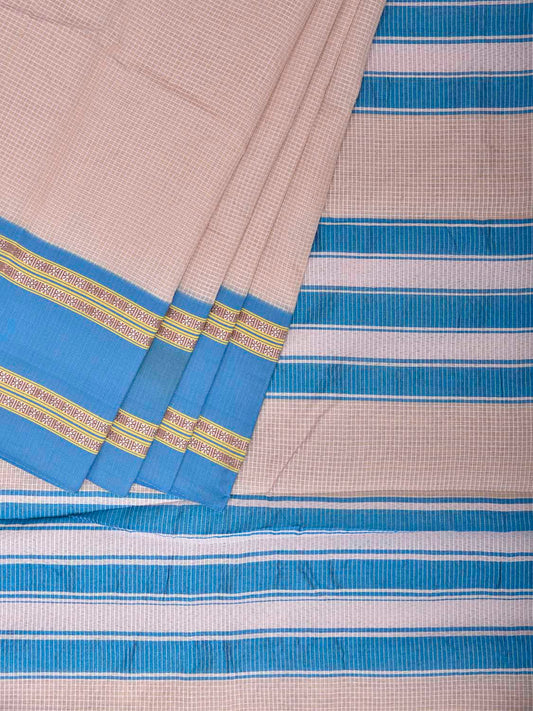 Cream and Blue Bamboo Cotton Saree with Small Checks Design No Blouse bc1061