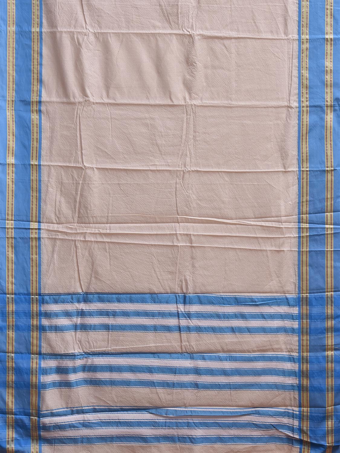 Cream and Blue Bamboo Cotton Saree with Small Checks Design No Blouse bc1061