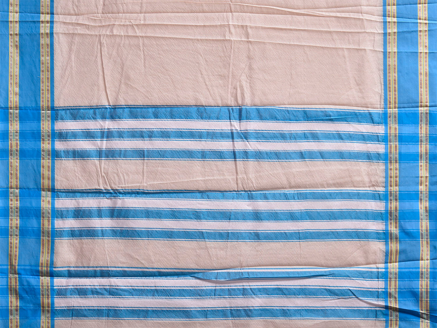 Cream and Blue Bamboo Cotton Saree with Small Checks Design No Blouse bc1061