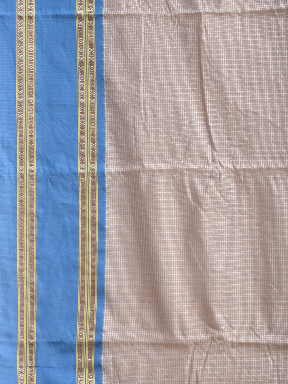 Cream and Blue Bamboo Cotton Saree with Small Checks Design No Blouse bc1061