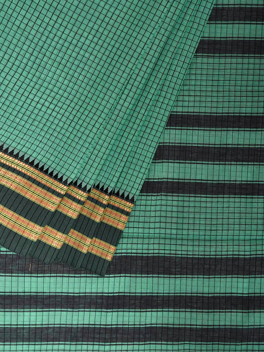 Turquoise and Black Bamboo Cotton Saree with Checks Design No Blouse bc1063