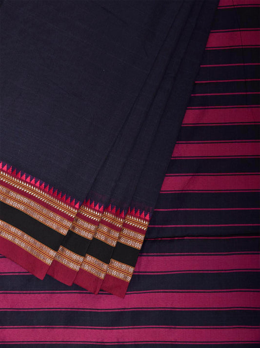 Navy and Pink Bamboo Cotton Plain Saree with Strips Pallu Design No Blouse bc1064