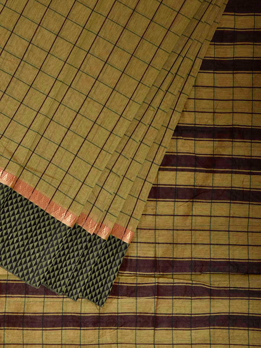 Olive and Brown Bamboo Cotton Saree with Big Checks Design No Blouse bc1065