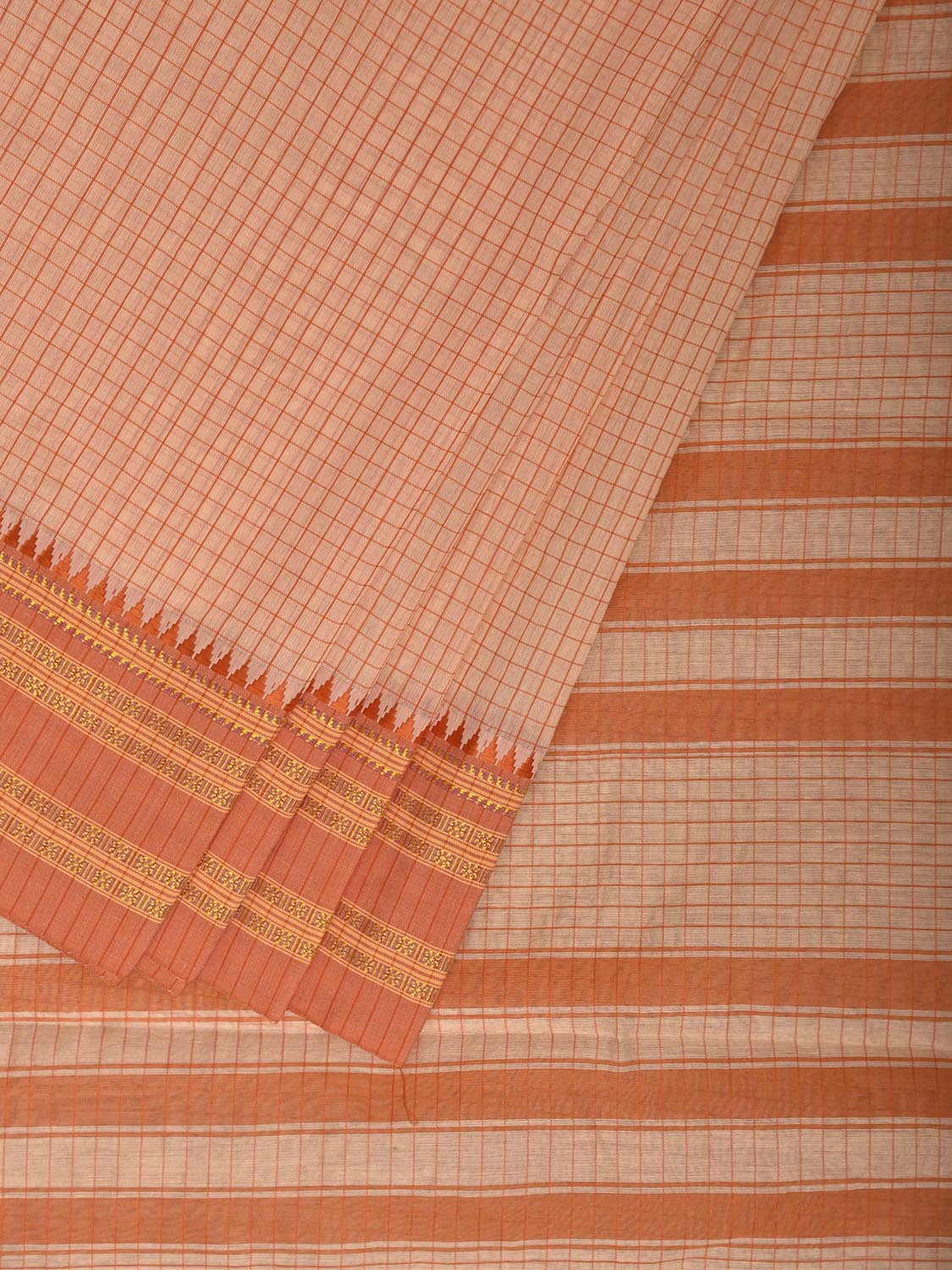 Cream and Orange Bamboo Cotton Saree with Checks Design No Blouse bc1067