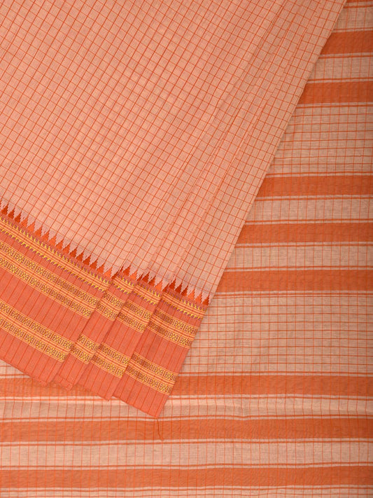 Cream and Orange Bamboo Cotton Saree with Checks Design No Blouse bc1067