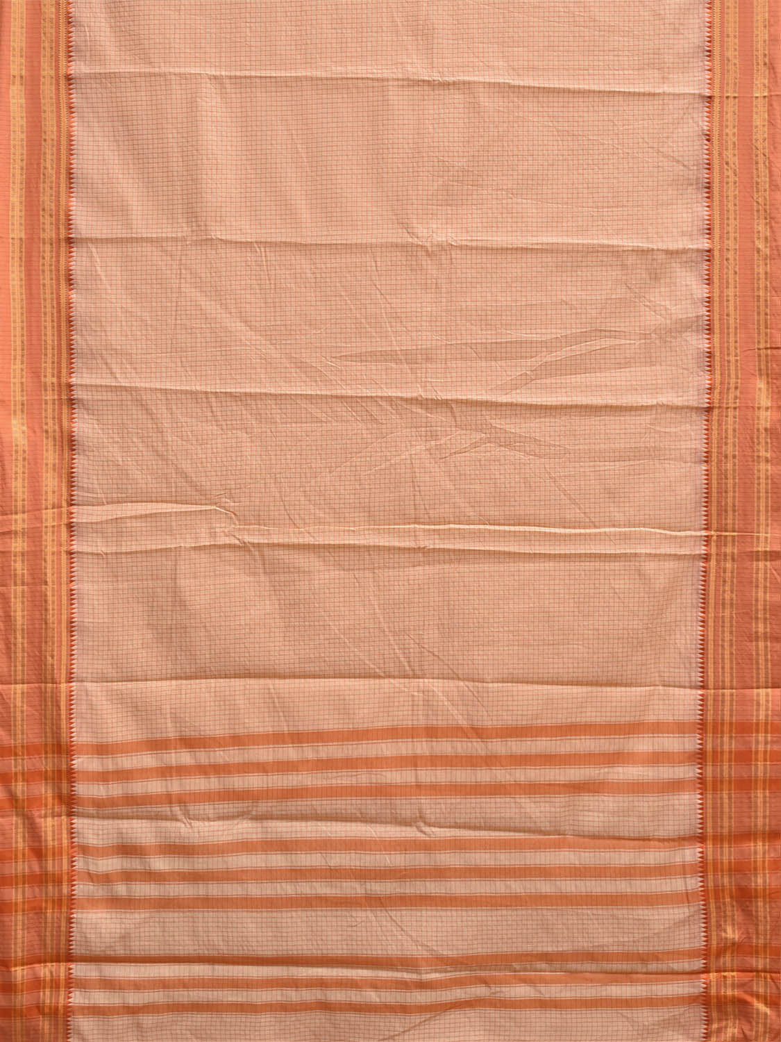 Cream and Orange Bamboo Cotton Saree with Checks Design No Blouse bc1067