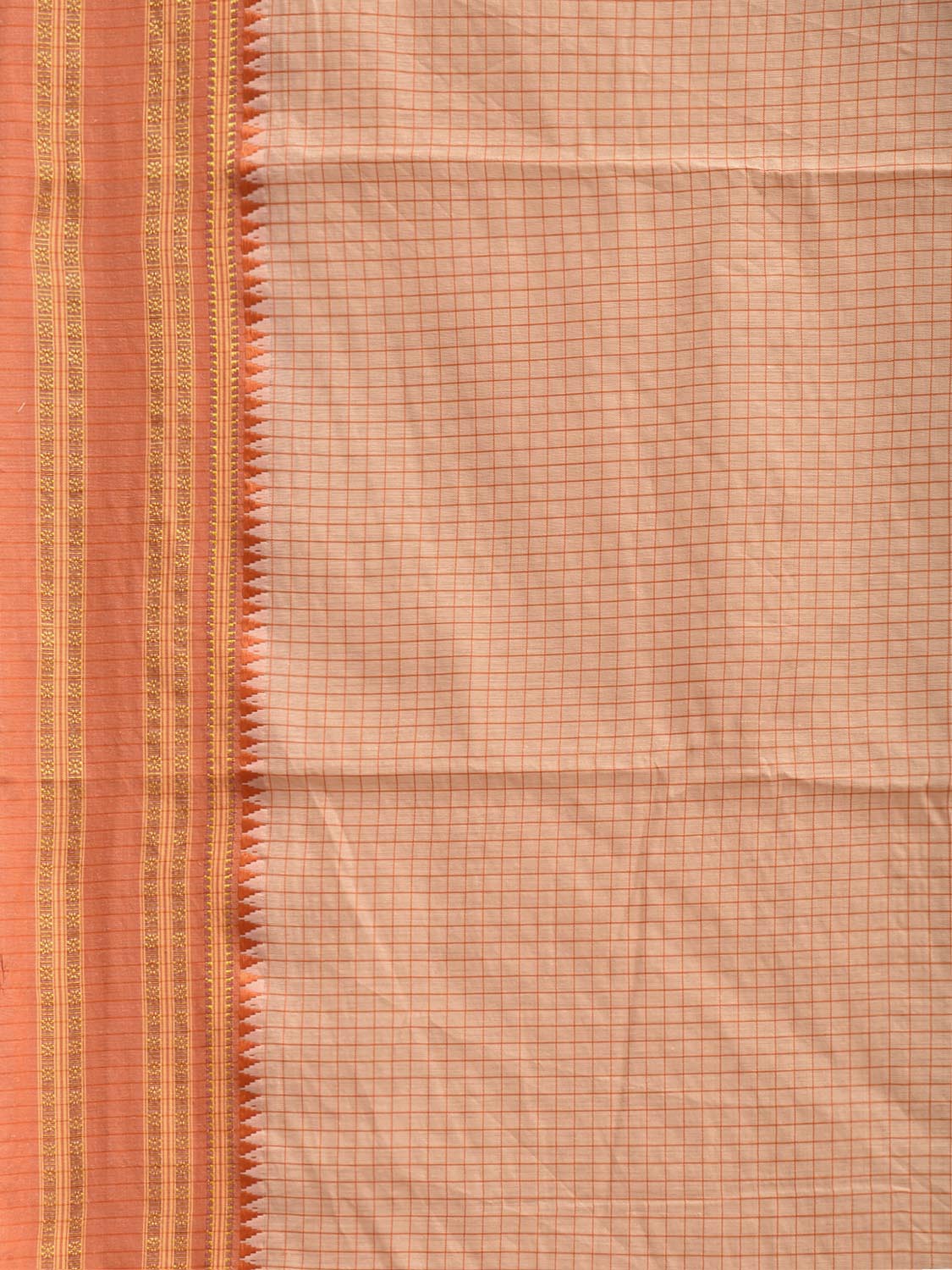 Cream and Orange Bamboo Cotton Saree with Checks Design No Blouse bc1067