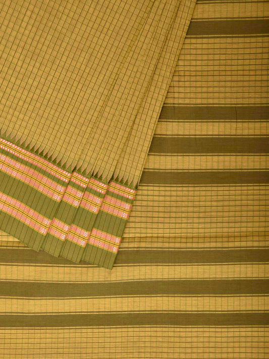 Yellow and Green Bamboo Cotton Saree with Checks Design No Blouse bc1068