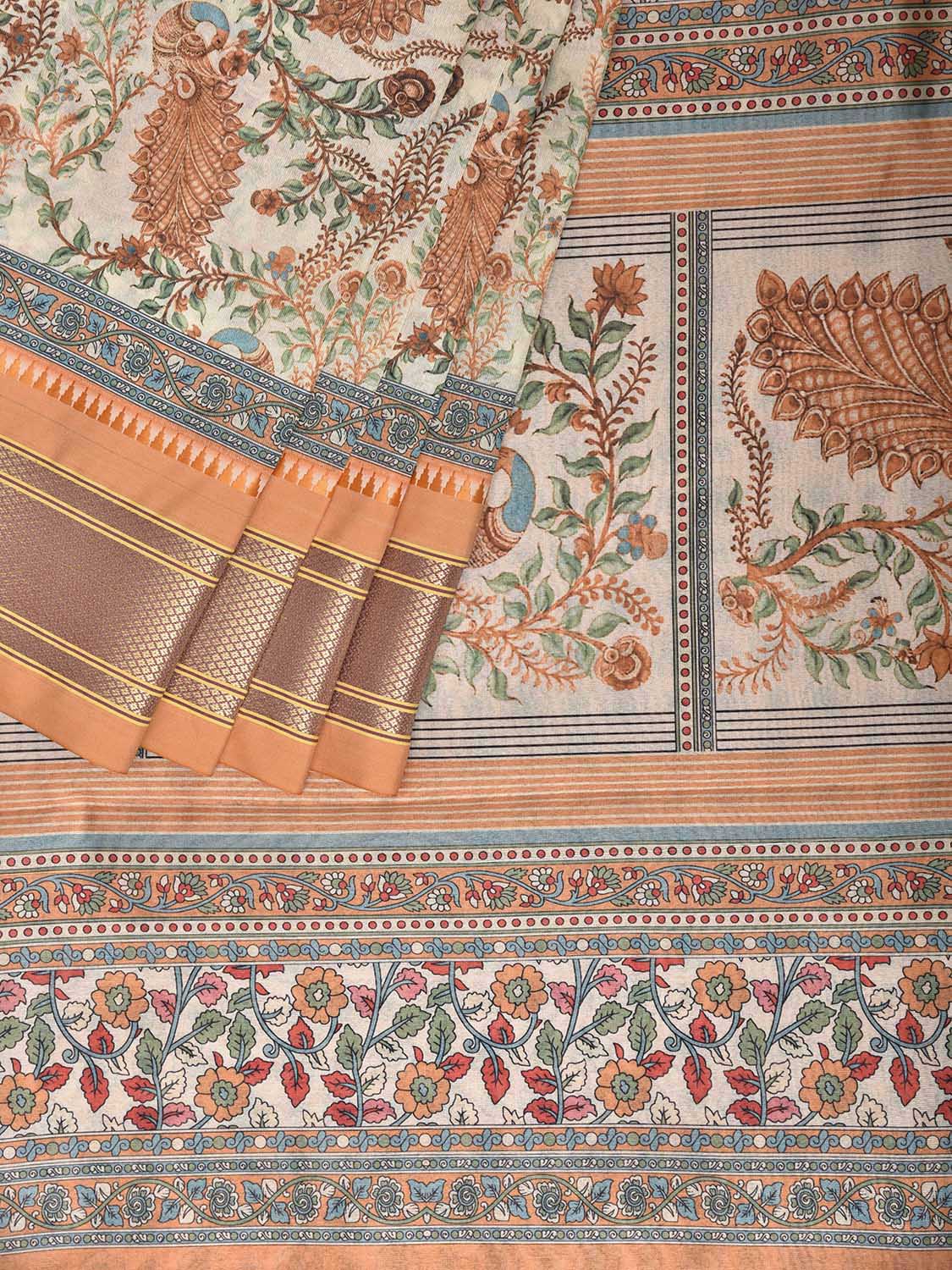 Cream and Light Orange Bamboo Cotton Saree with Digital Print Peacocks Design bc1069