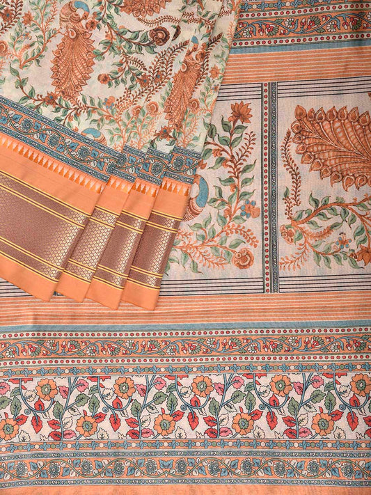 Cream and Light Orange Bamboo Cotton Saree with Digital Print Peacocks Design bc1069