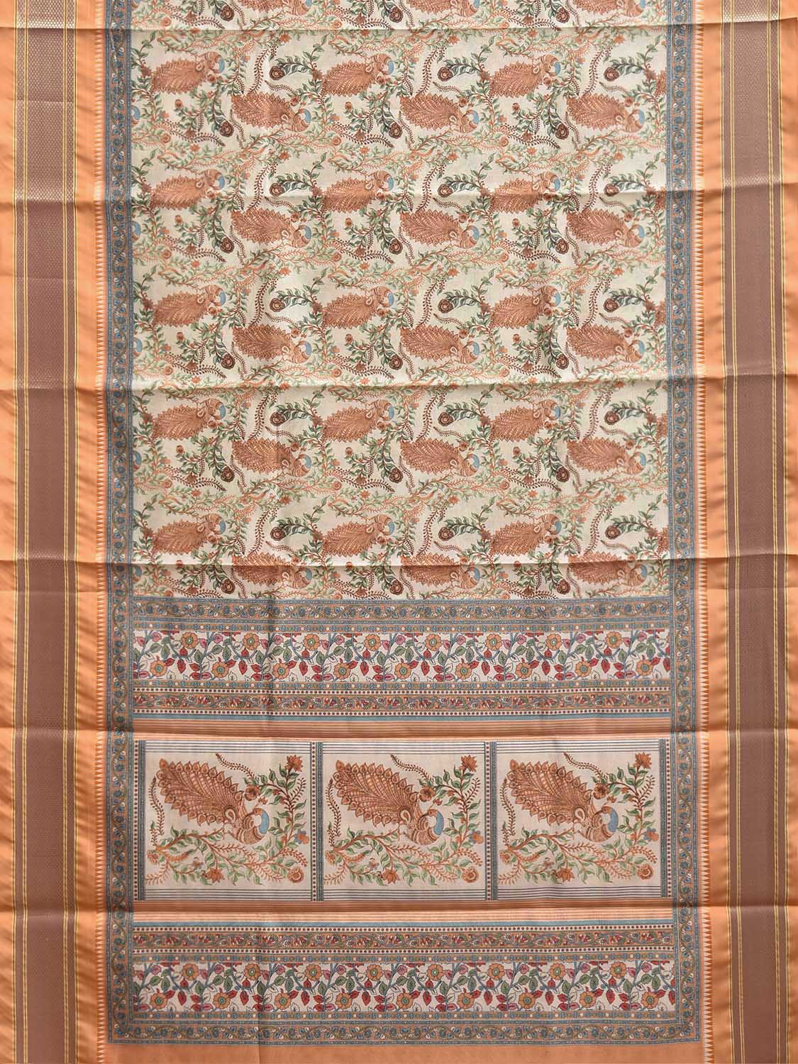 Cream and Light Orange Bamboo Cotton Saree with Digital Print Peacocks Design bc1069