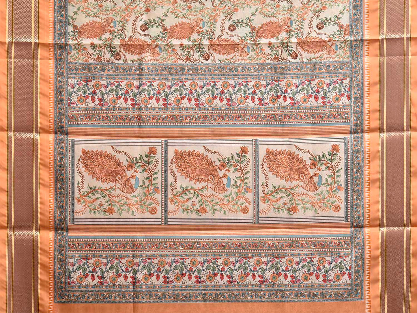 Cream and Light Orange Bamboo Cotton Saree with Digital Print Peacocks Design bc1069