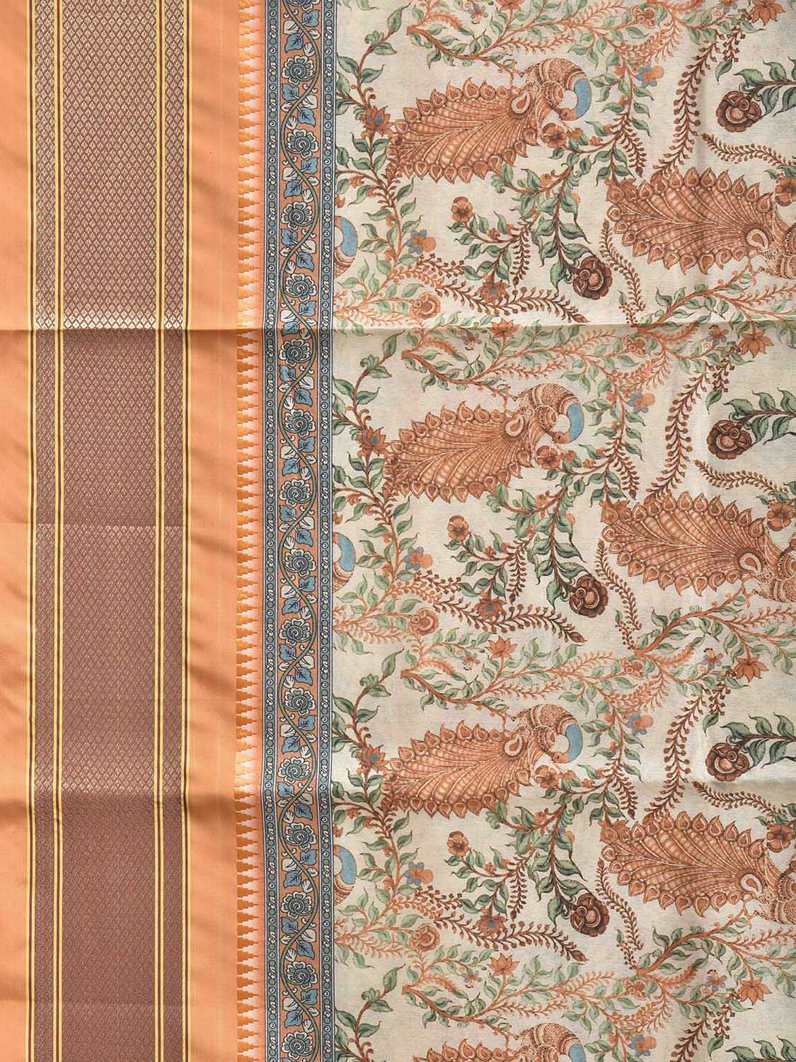 Cream and Light Orange Bamboo Cotton Saree with Digital Print Peacocks Design bc1069