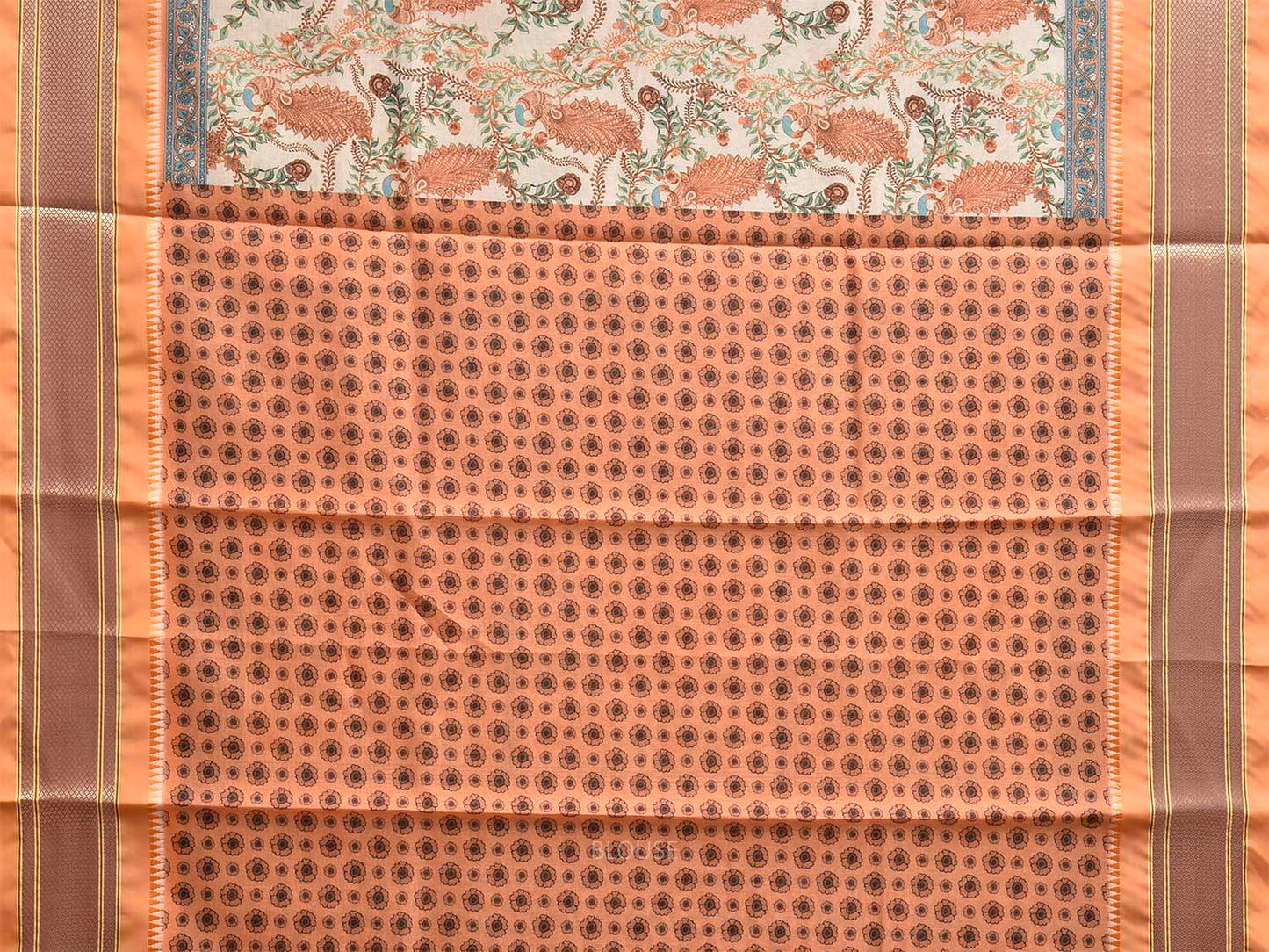 Cream and Light Orange Bamboo Cotton Saree with Digital Print Peacocks Design bc1069