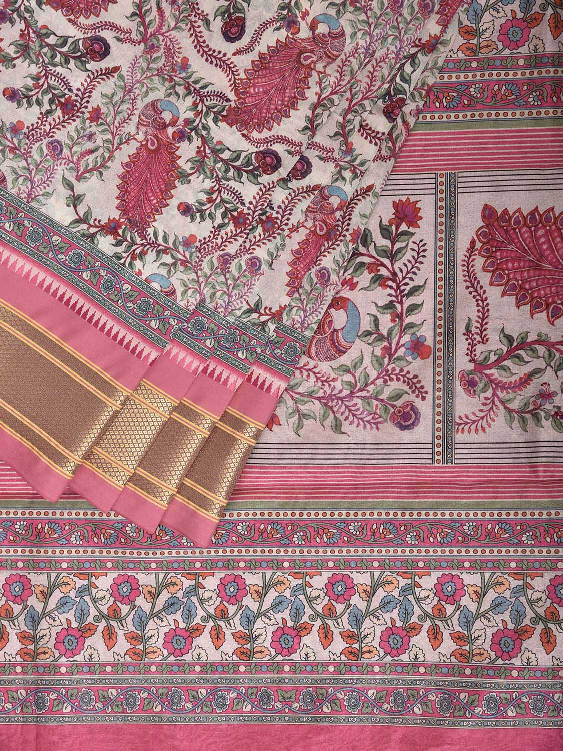 Cream and Pink Bamboo Cotton Saree with Digital Print Peacocks Design bc1070