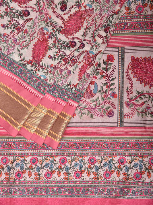 Cream and Pink Bamboo Cotton Saree with Digital Print Peacocks Design bc1070