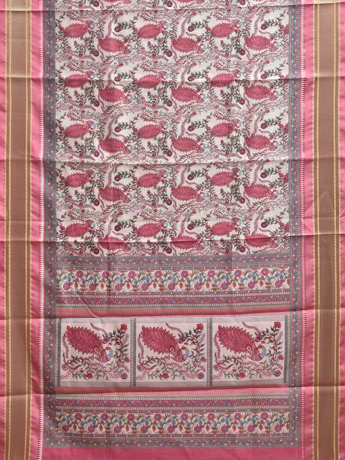 Cream and Pink Bamboo Cotton Saree with Digital Print Peacocks Design bc1070