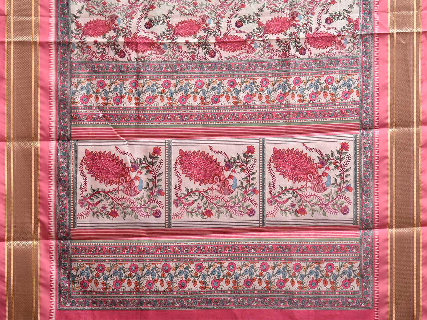 Cream and Pink Bamboo Cotton Saree with Digital Print Peacocks Design bc1070