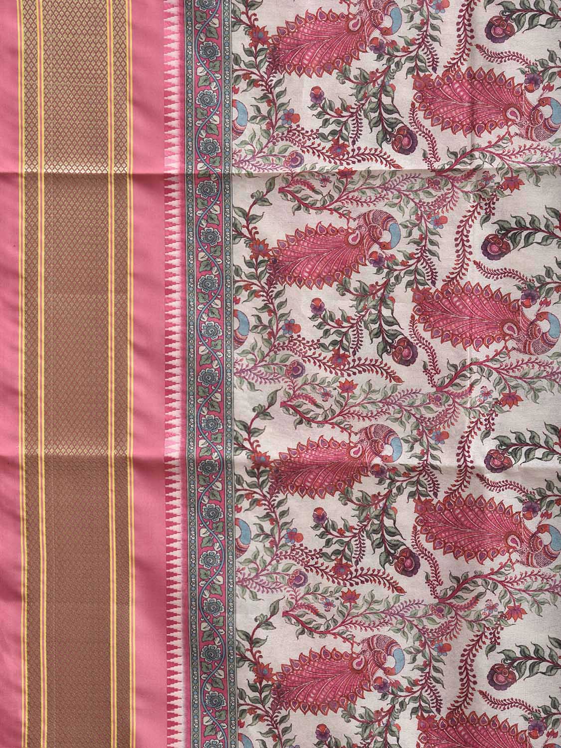 Cream and Pink Bamboo Cotton Saree with Digital Print Peacocks Design bc1070